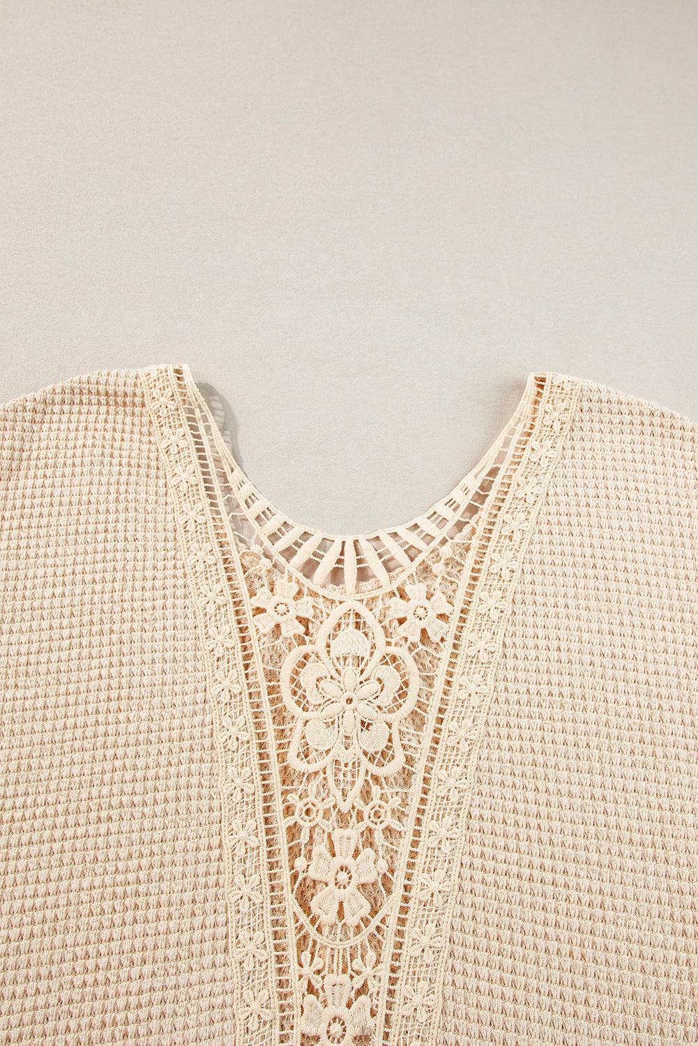 Beige Hollowed Lace Applique Plus Size Waffle T Shirt - The Fair Lady Shop