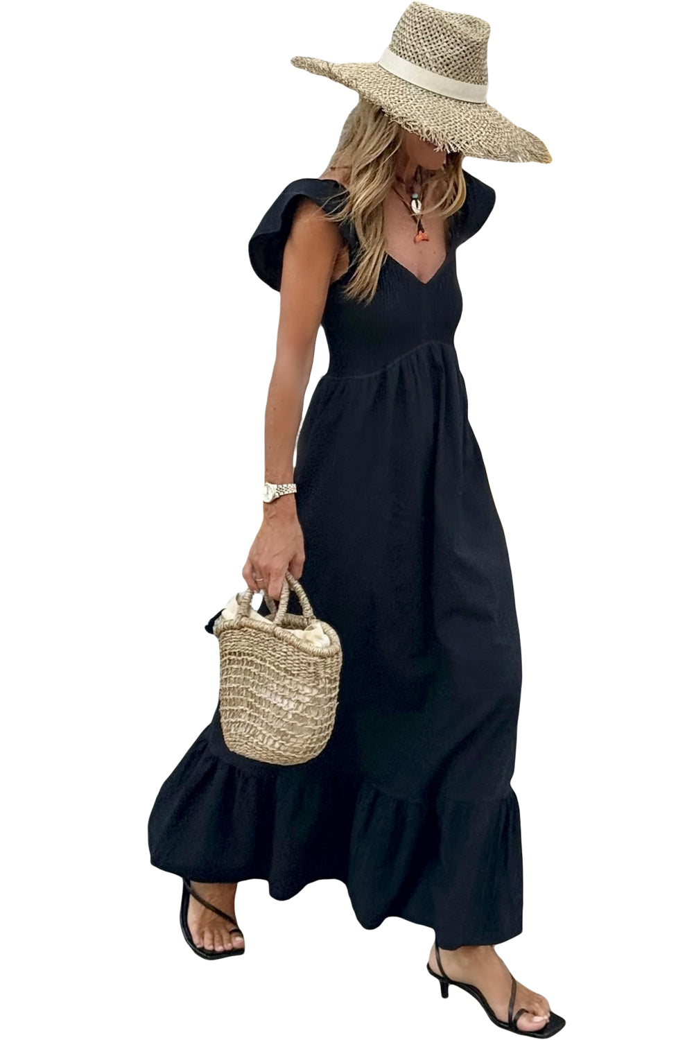 Black V Neck Flutter Sleeve Smocked Bodice High Waist Ruffle Maxi Dress - The Fair Lady Shop