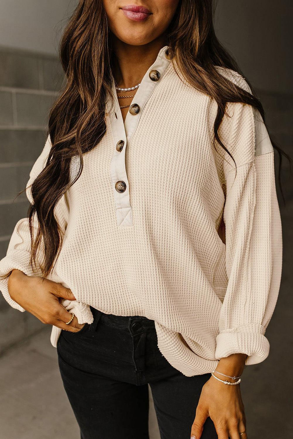 Jet Stream Waffle Patchwork Long Sleeve Henley Top - The Fair Lady Shop