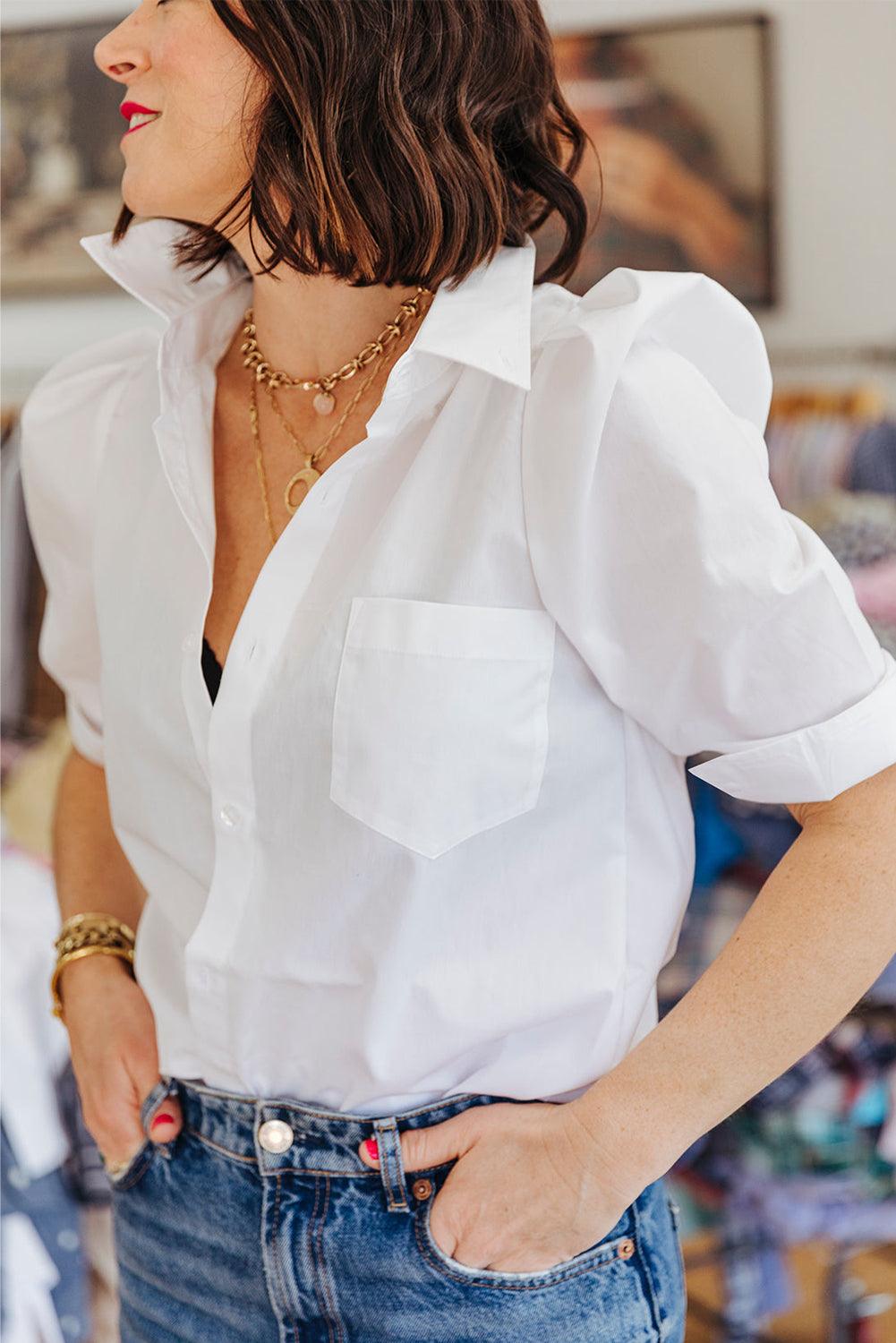 White Solid Color Button Up Puff Sleeve Shirt - The Fair Lady Shop