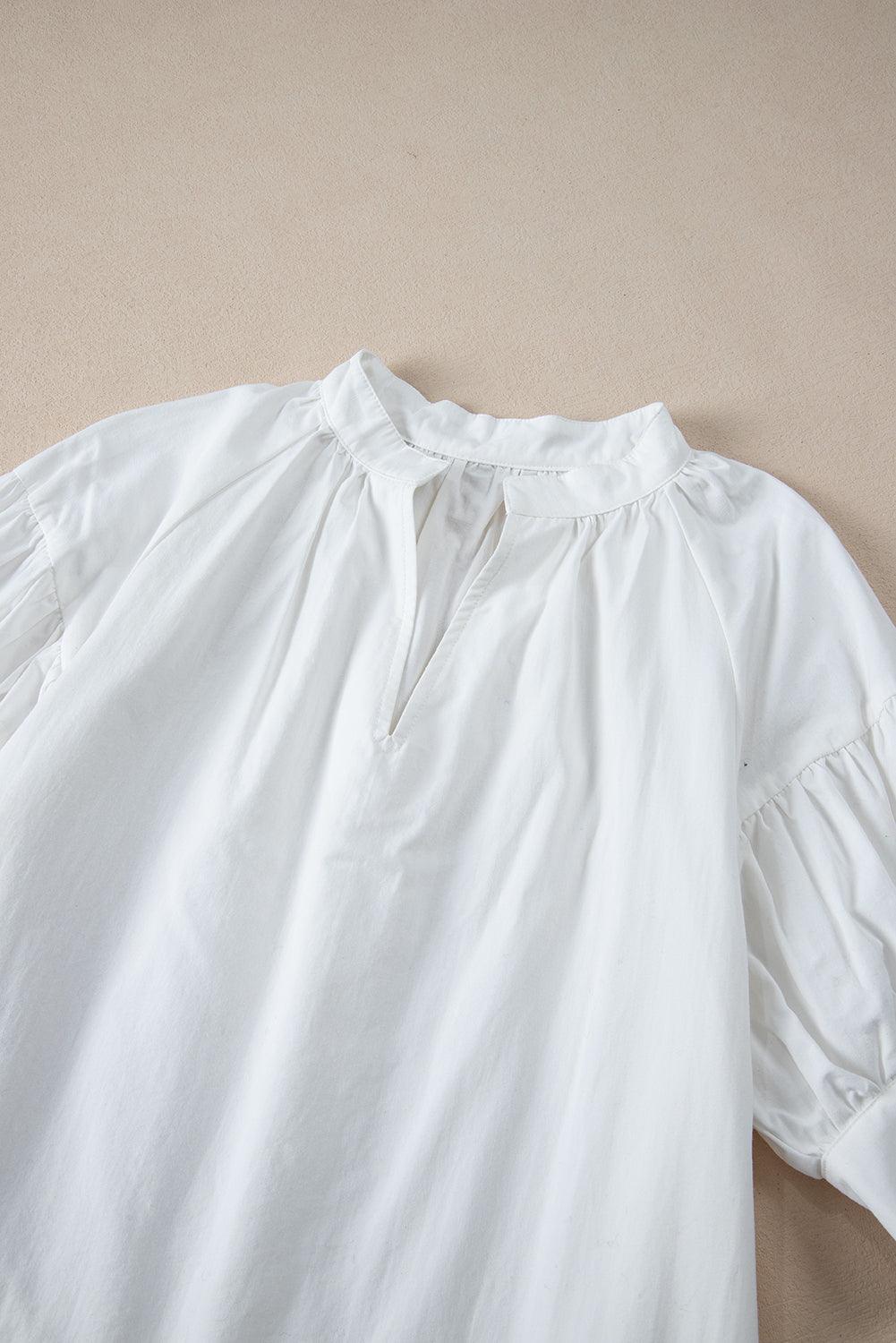 White Solid Color Ruched Bubble Sleeve V Neck Shirt - The Fair Lady Shop