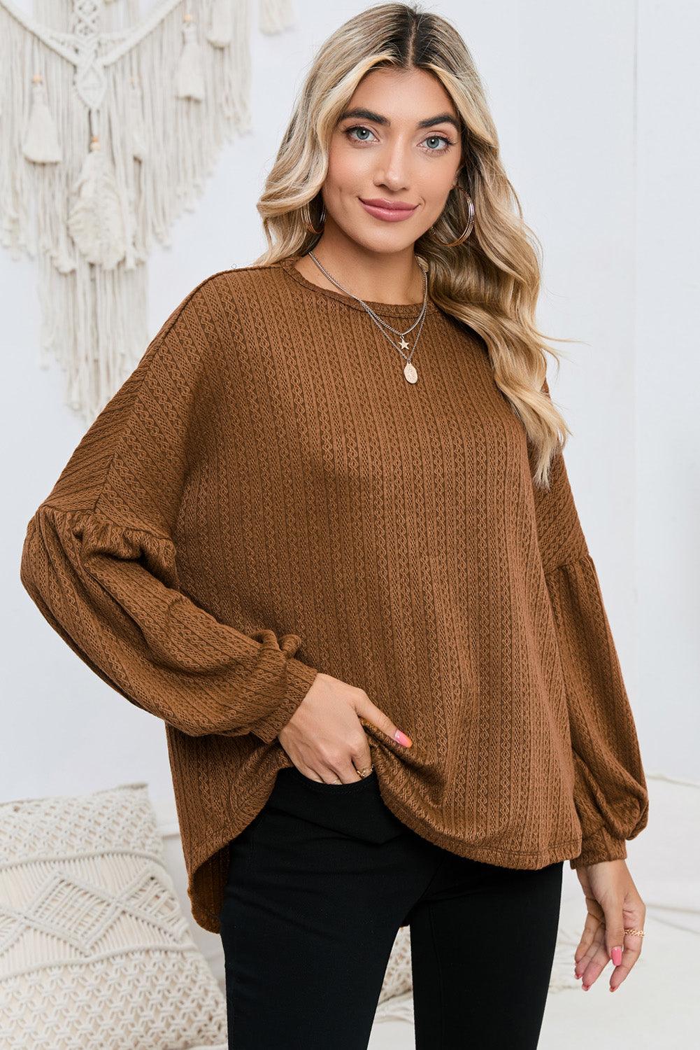 Ruby Solid Color Textured Lantern Sleeve Top - The Fair Lady Shop