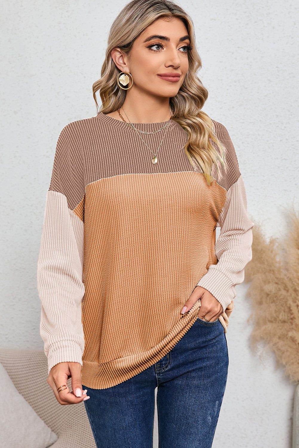 Khaki Color Block Ribbed Loose Long Sleeve Top - The Fair Lady Shop