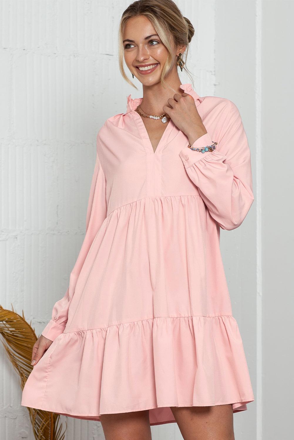 Pink Casual Stand V Neck Short Frill Dress - The Fair Lady Shop