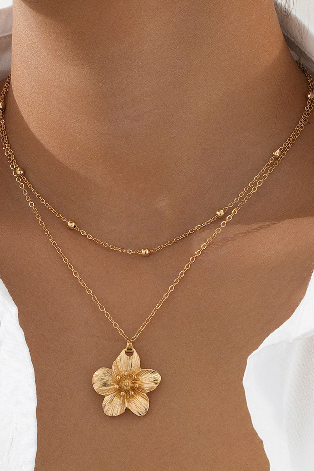 Gold Double Layered Flower Pendant Chain Necklace - The Fair Lady Shop