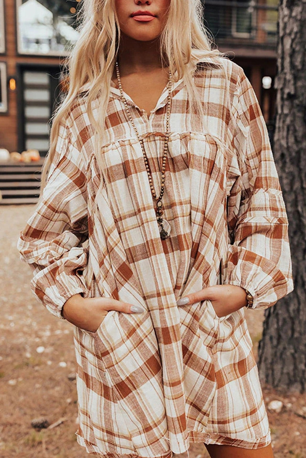 Brown Plaid Print Side Pockets Frill Babydoll Mini Dress - The Fair Lady Shop