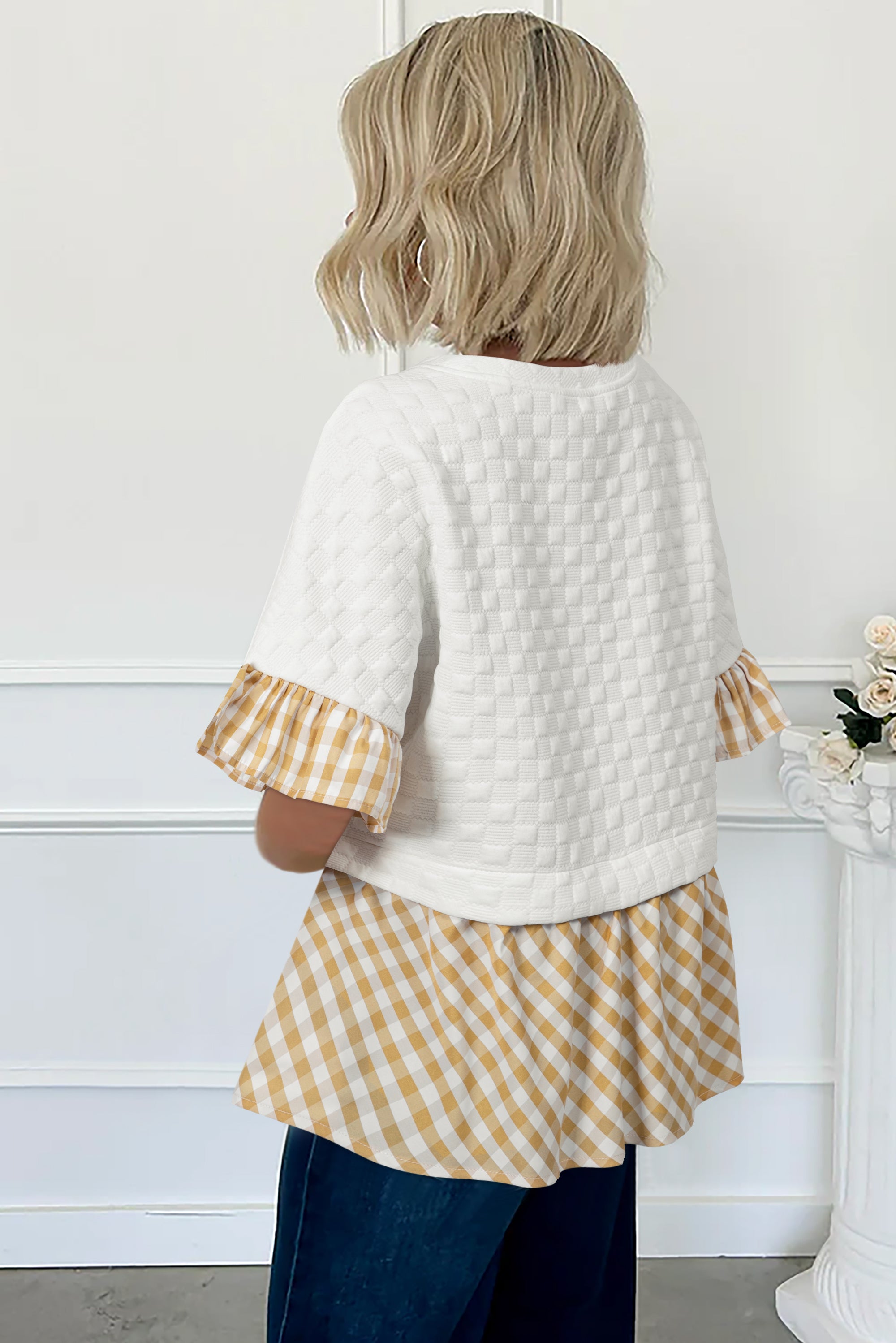 White Plaid Patchwork Half Sleeve Ruffle Round Neck Blouse - The Fair Lady Shop