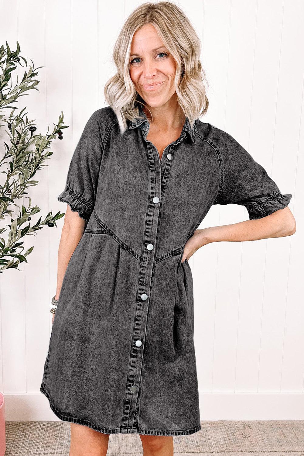 Blue Mineral Washed Ruffled Short Sleeve Pocketed Denim Dress - The Fair Lady Shop