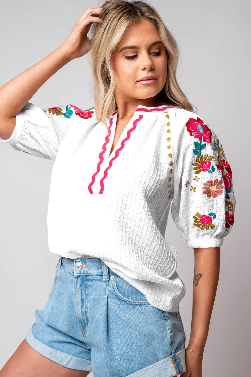 White Floral Embroidered Ricrac Puff Sleeve Textured Blouse - The Fair Lady Shop