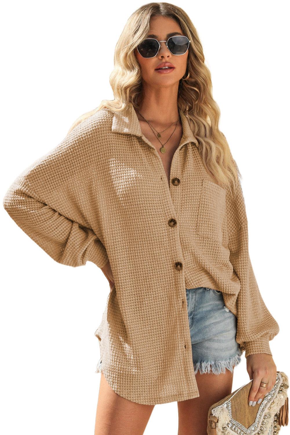 Khaki Waffle Knit Pocket Button Front Shacket - The Fair Lady Shop