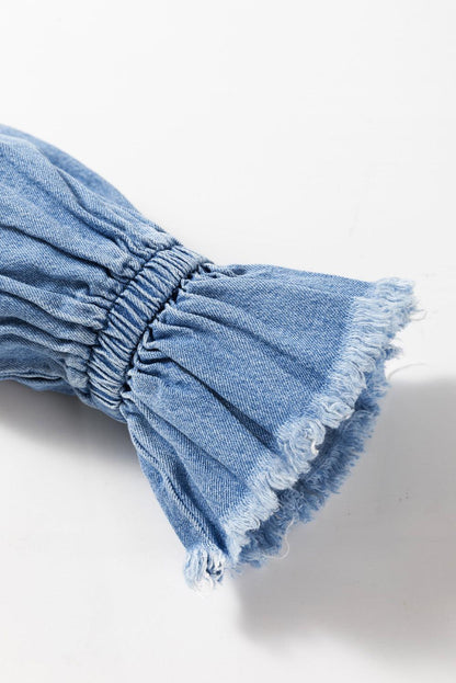 Sky Blue Frilled Raw Hem Half Buttoned Denim Top - The Fair Lady Shop