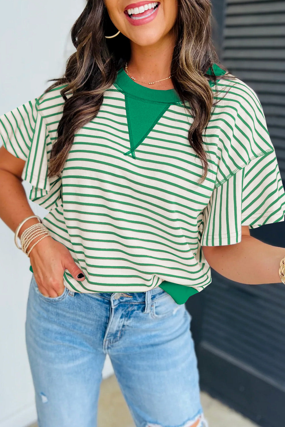 Bright Green Striped Ruffle Sleeve Round Neck Top - The Fair Lady Shop