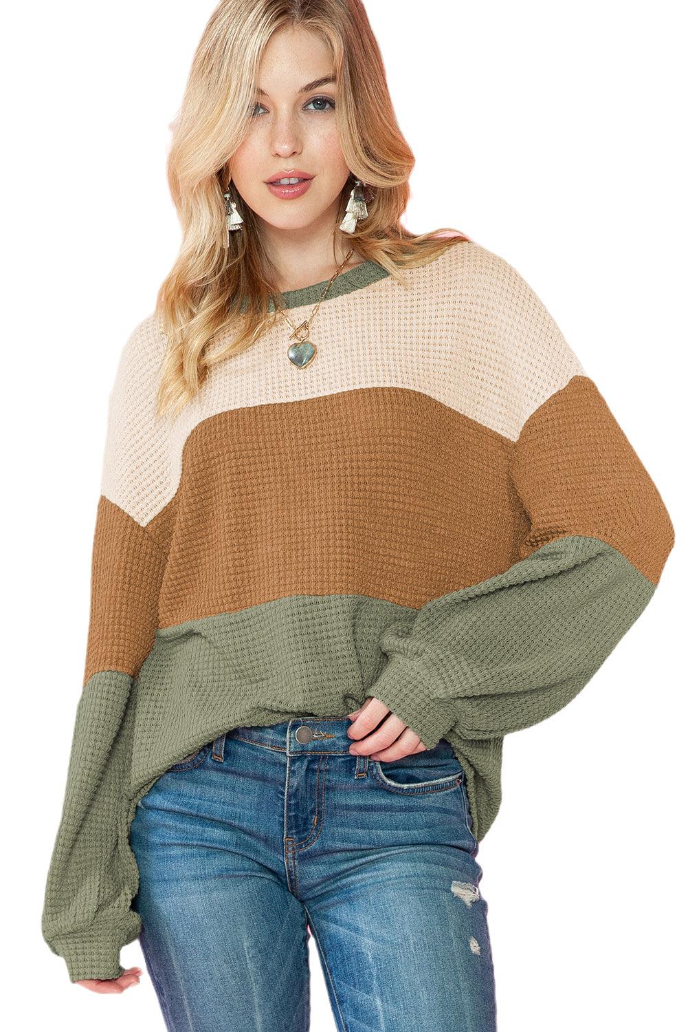 Green Waffle Knit Color Block Drop Sleeve Loose Top - The Fair Lady Shop