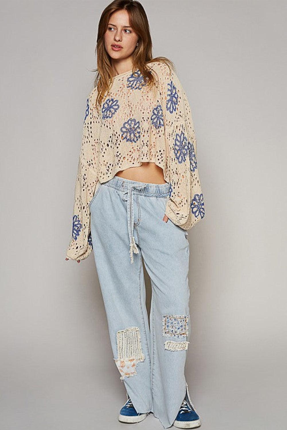 Beige Flower Print Drop Shoulder Hollow Knit Sweater - The Fair Lady Shop