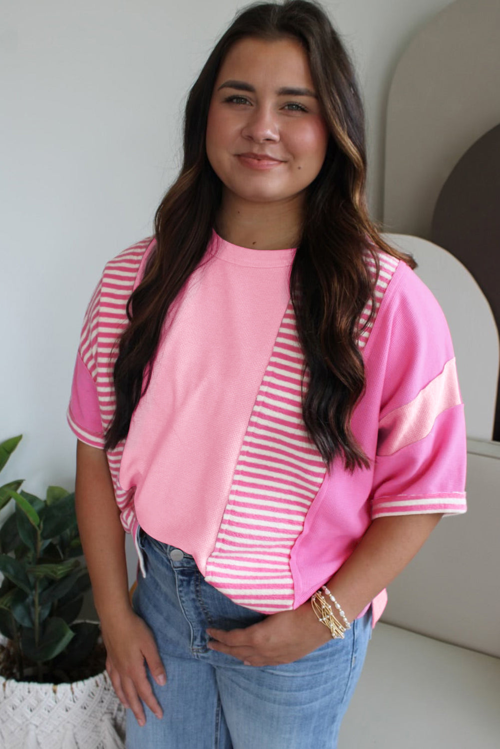 Pink Stripe Waffle Patchwork Plus Size T-Shirt - The Fair Lady Shop