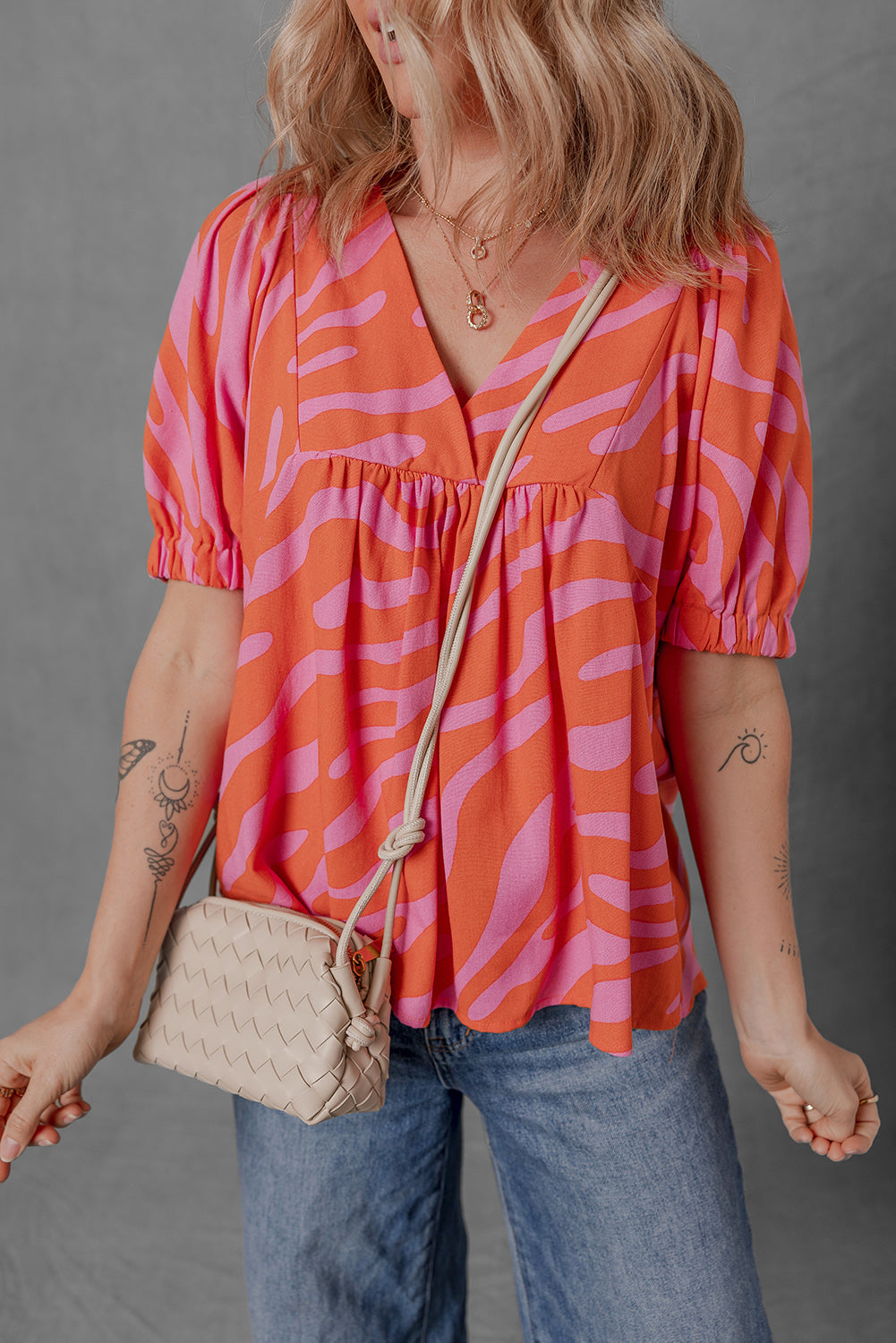 Orange Zebra Stripe Print Ruched Cuff Half Sleeve V Neck Blouse - The Fair Lady Shop