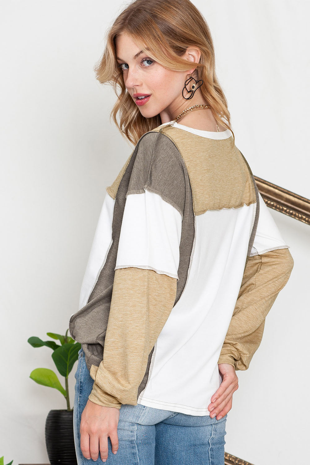 Khaki Color Block Exposed Seam Long Sleeve Top - The Fair Lady Shop