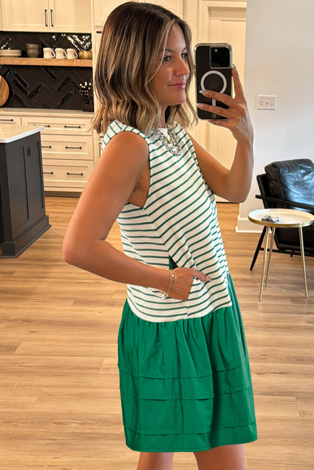 Green Stripe Woven Ruffled Sleeveless Mini Dress - The Fair Lady Shop