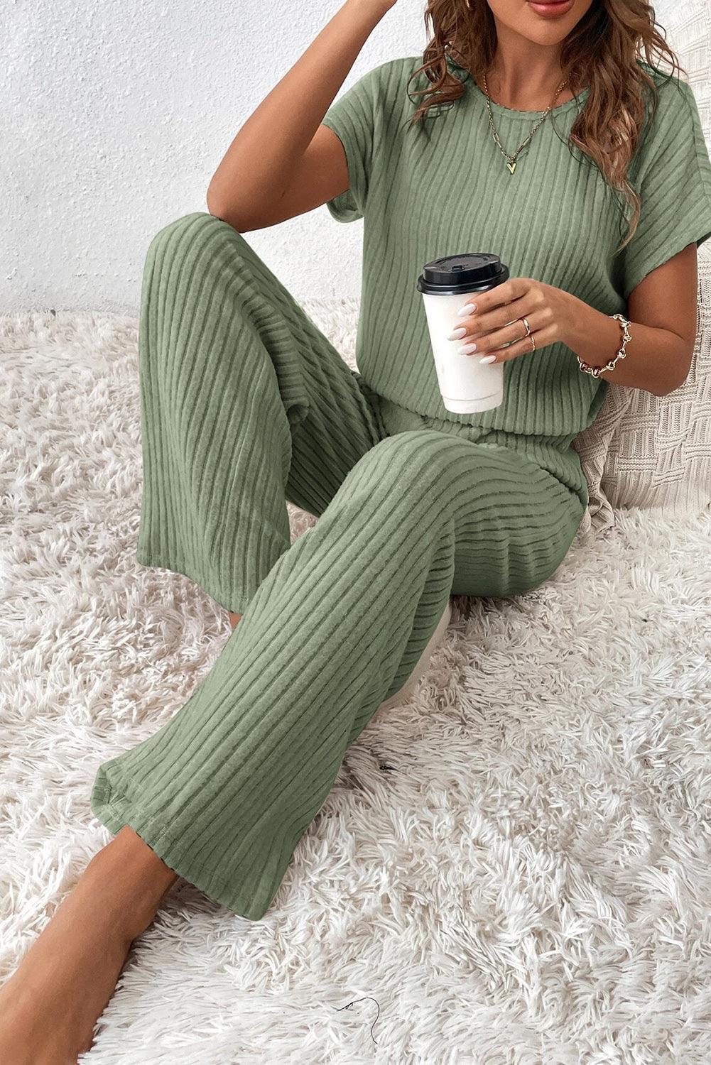 Grass Green Solid Color Ribbed Short Sleeve Wide Leg Jumpsuit - The Fair Lady Shop