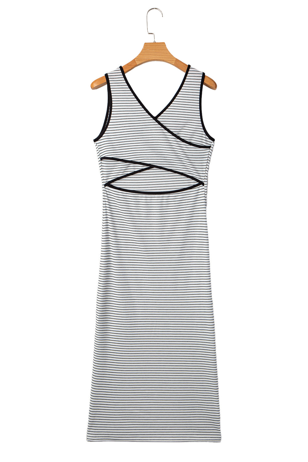 White Striped Criss Cross Back Side Slits Slim Fit Sleeveless Dress - The Fair Lady Shop