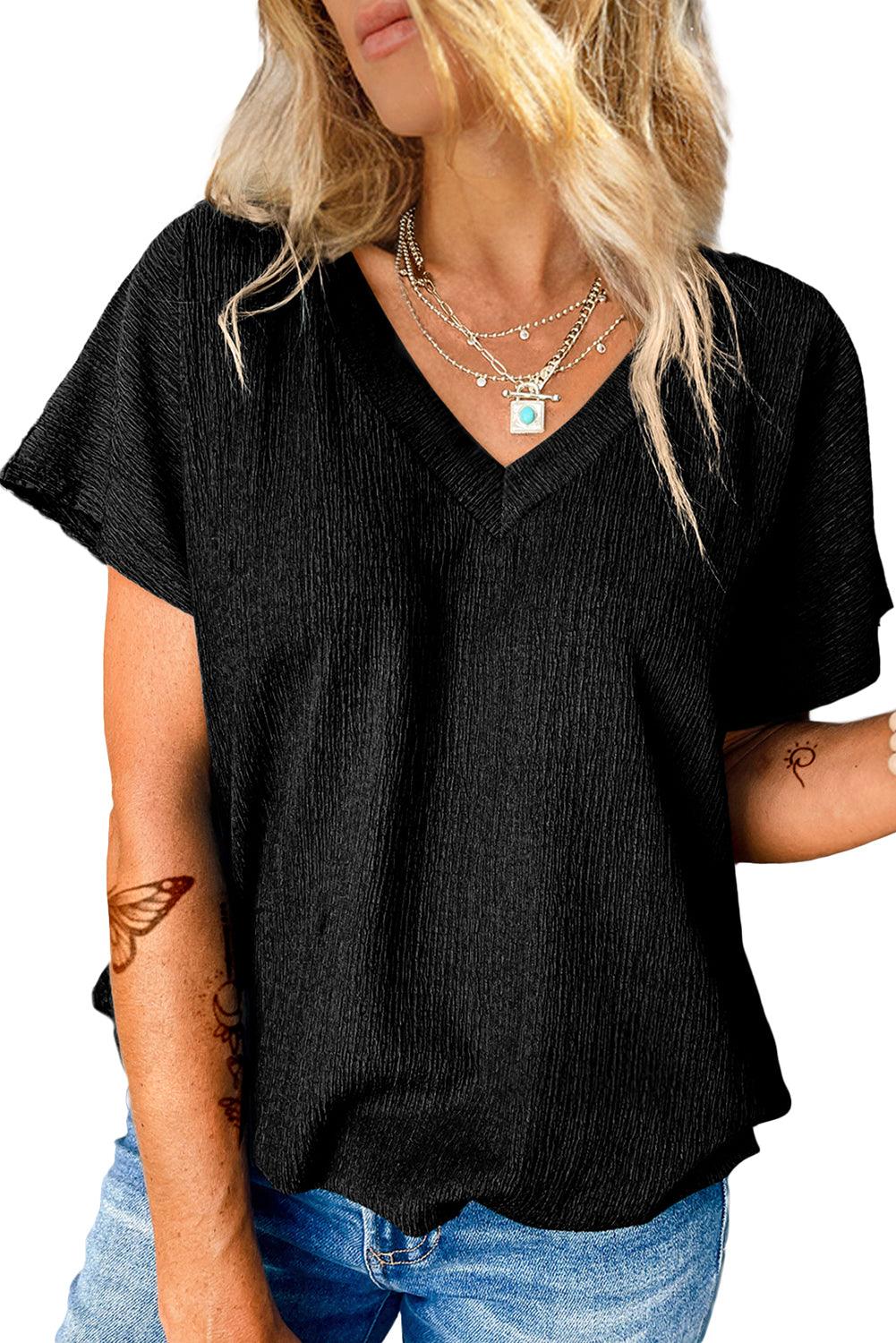 Blue Plain Crinkled V Neck Flounce Sleeve T Shirt - The Fair Lady Shop