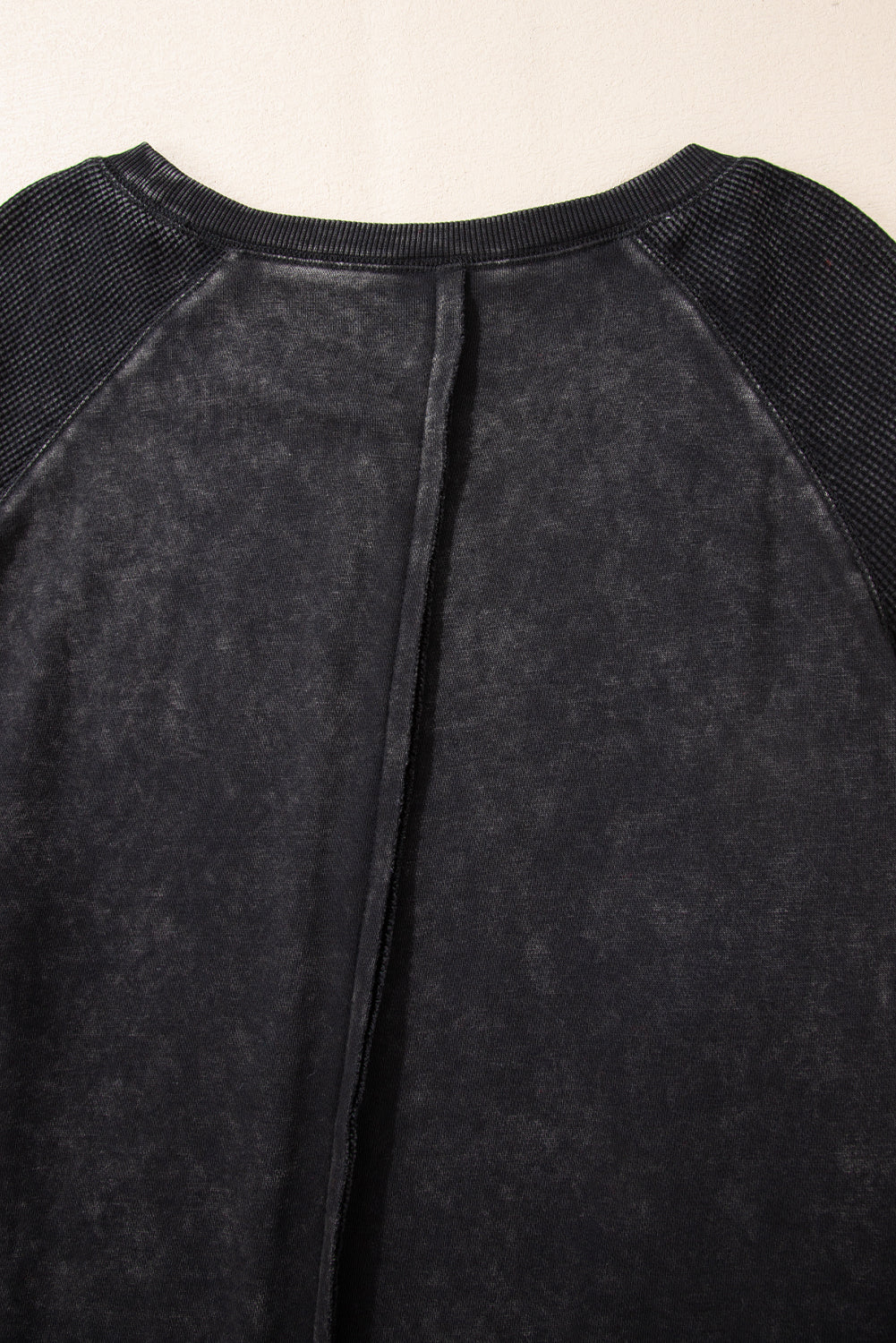 Black Solid Waffle Knit Patchwork Raglan Sleeve Sweatshirt - The Fair Lady Shop