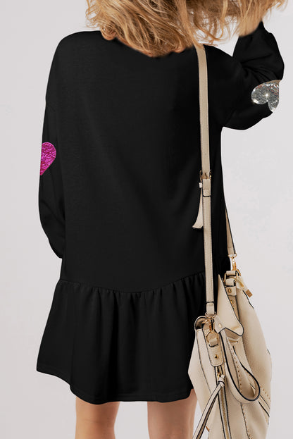 Black Shiny Heart Graphic Ruffled Knit Mini Dress - The Fair Lady Shop