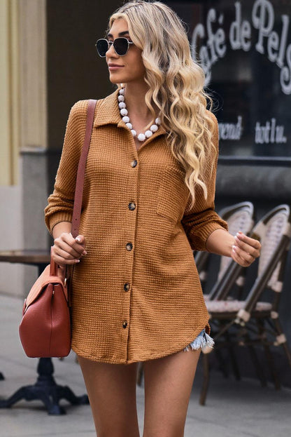 Khaki Waffle Knit Pocket Button Front Shacket - The Fair Lady Shop