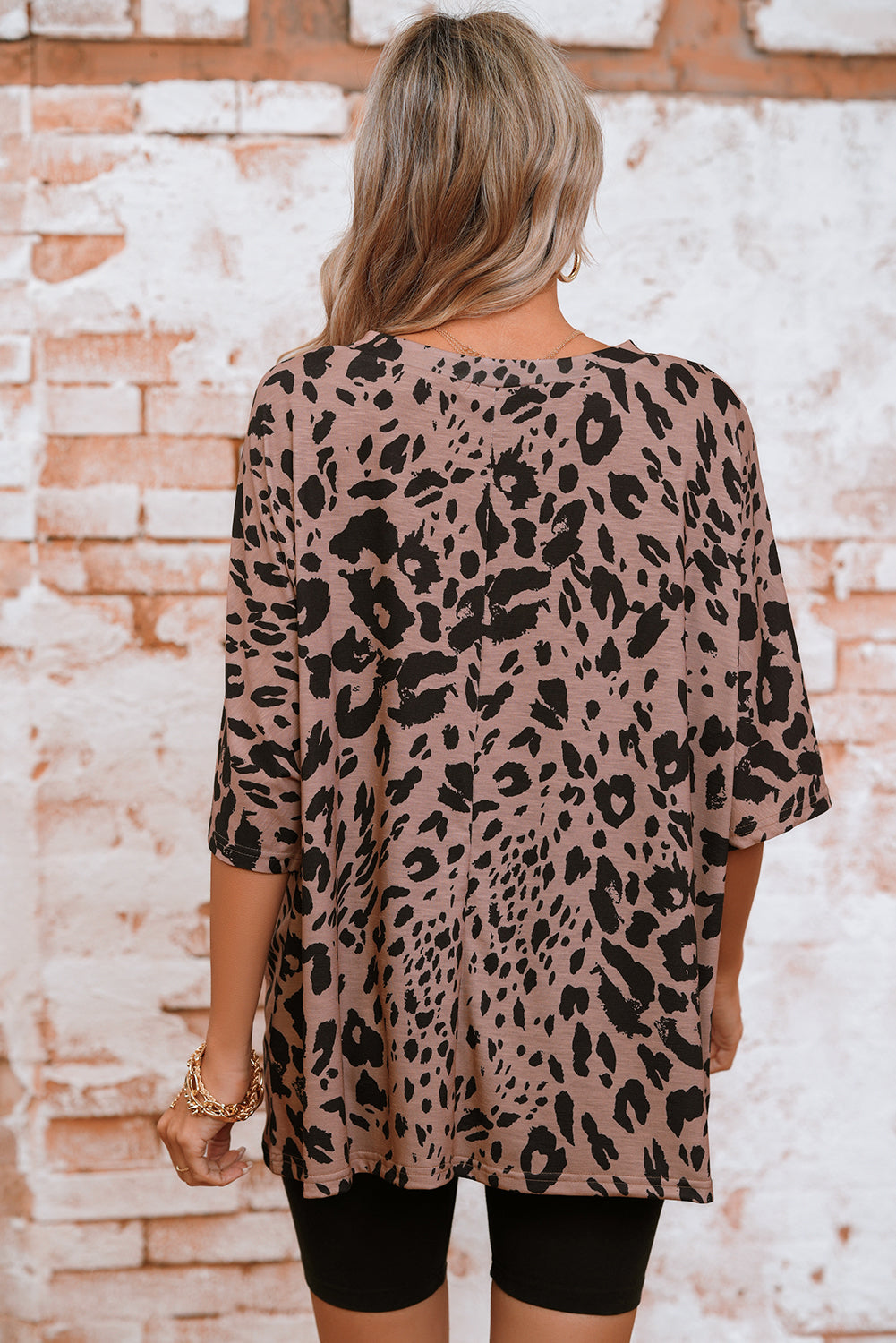 Brown Leopard Print V Neck Half Sleeve Oversized Tee - The Fair Lady Shop