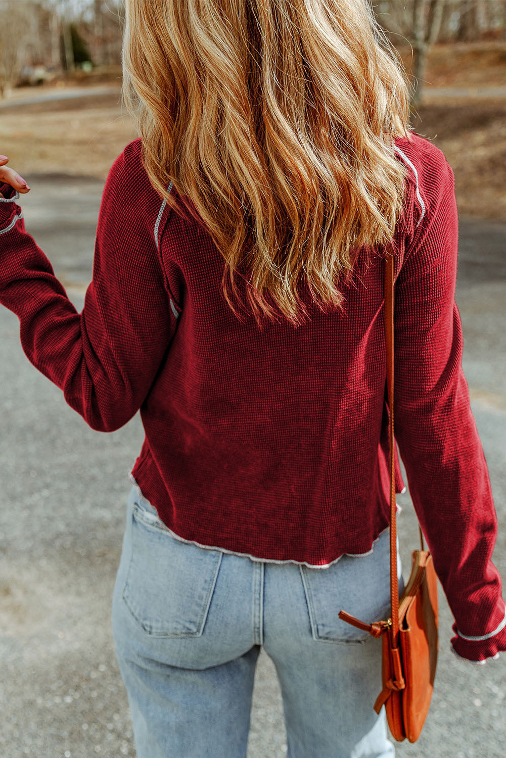 Red Exposed Seam Textured Pullover Long Sleeve Top - The Fair Lady Shop