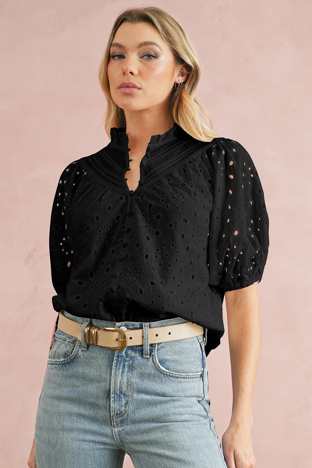 Bonbon Hollow-out Flower Embroidered Short Puff Sleeve Blouse - The Fair Lady Shop
