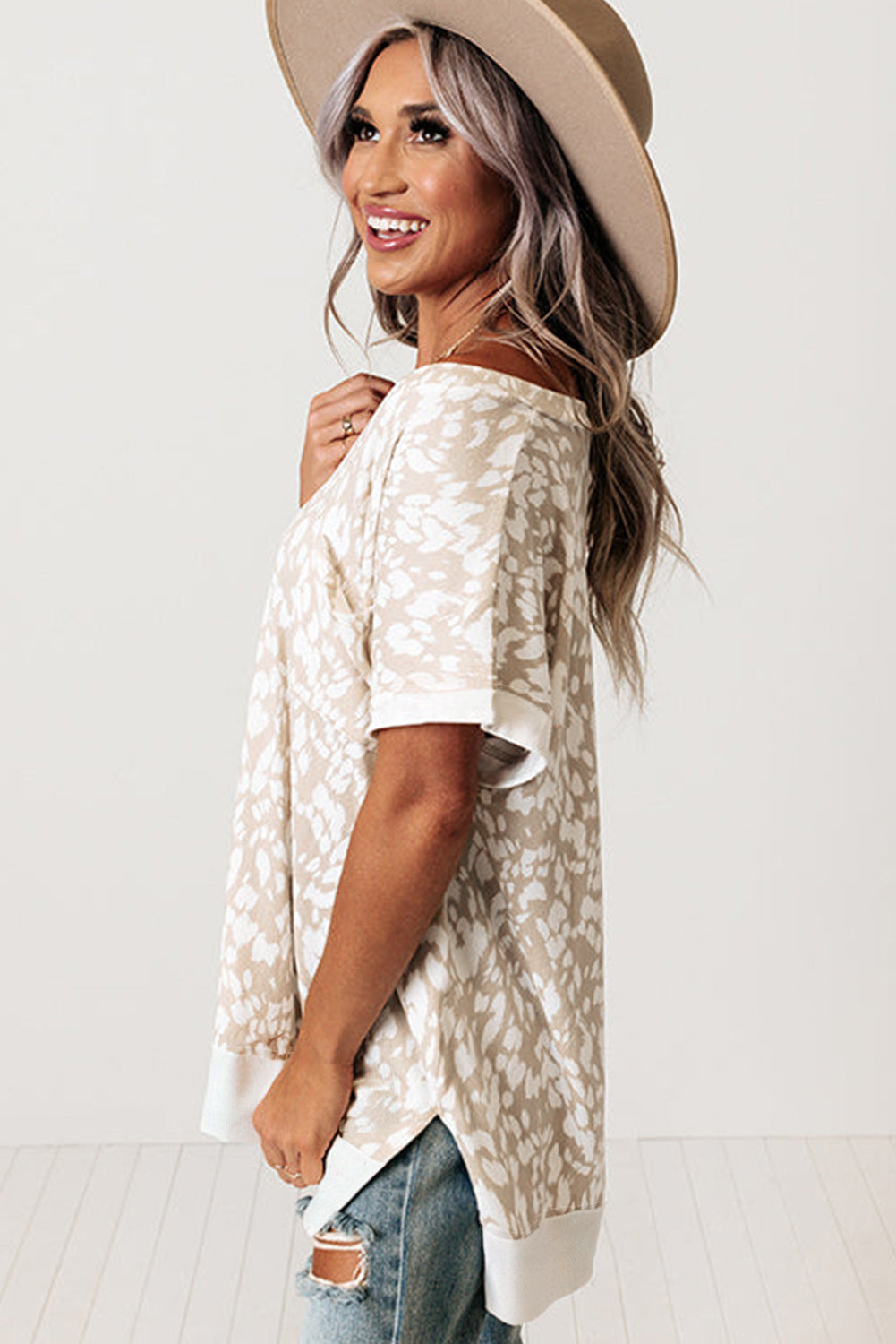 Khaki Leopard Print V Neck Side Slit Loose Fit T-Shirt - The Fair Lady Shop