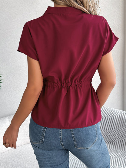 Red Dahlia Solid Color Button Drawstring Blouse