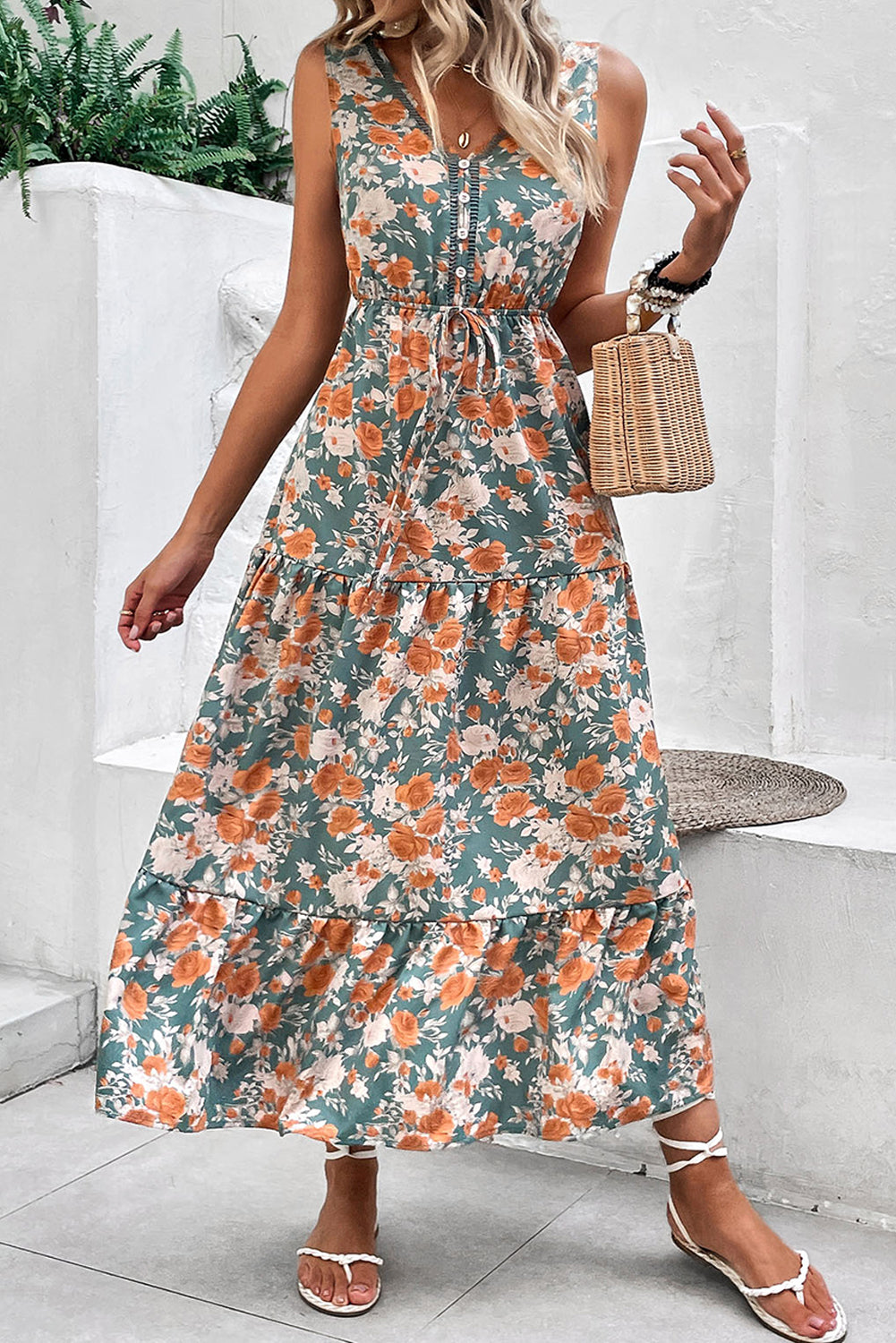 Green Floral Print Trimmed V Neck Sleeveless Vacation Dress - The Fair Lady Shop