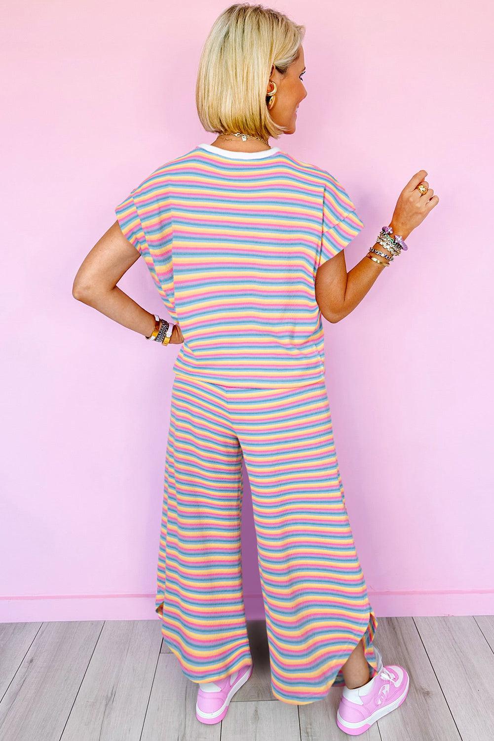 Yellow Stripe Rainbow Tee and Tassel Drawstring Wide Leg Pants Set - The Fair Lady Shop