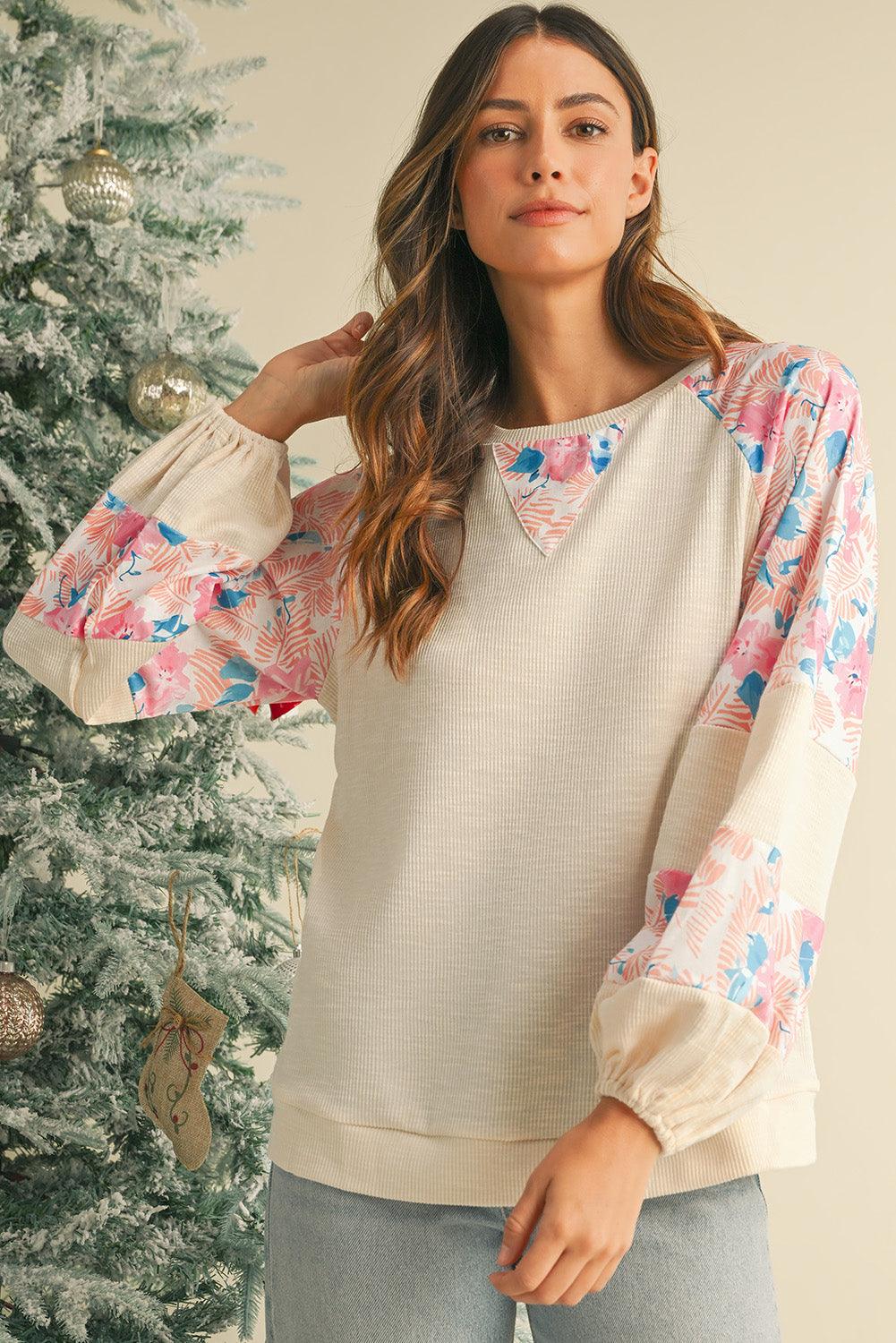 Apricot Crinkle Rib Floral Patchwork Balloon Sleeve Top - The Fair Lady Shop