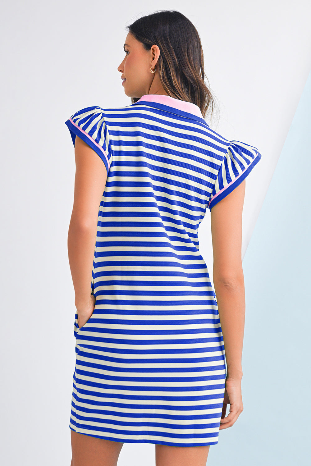 Dark Blue Striped Ruffle Short Sleeve Pop of Color Neckline Dress - The Fair Lady Shop