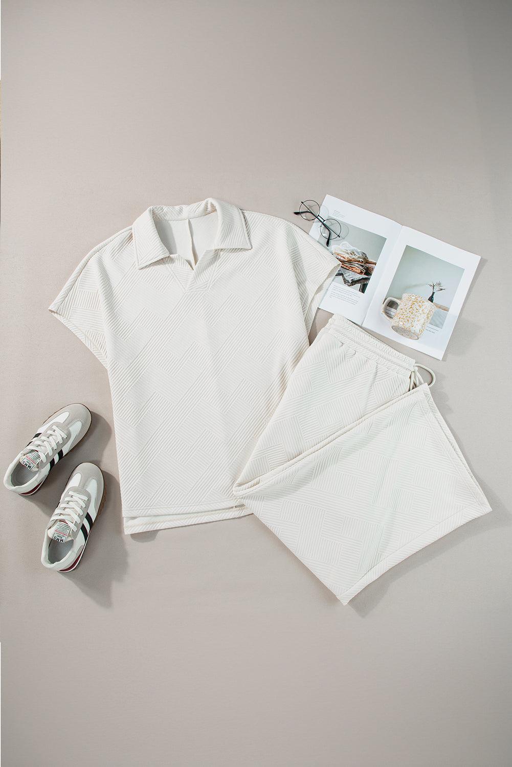 Beige Plus Size Textured Collared Top and Drawstring Pants Set - The Fair Lady Shop