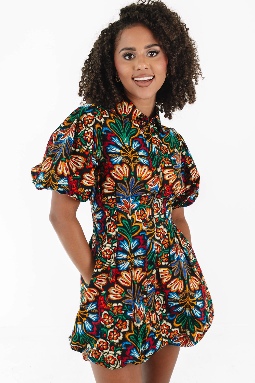 Multicolour Bohemian Floral Bubble Sleeve Dress - The Fair Lady Shop