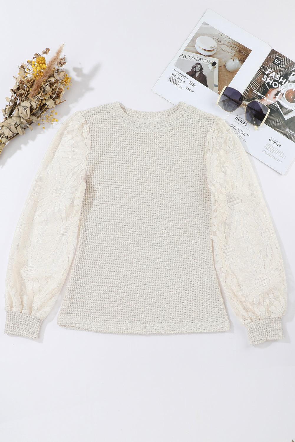 Peach Blossom Sunflower Lace Long Sleeve Waffle Knit Top - The Fair Lady Shop