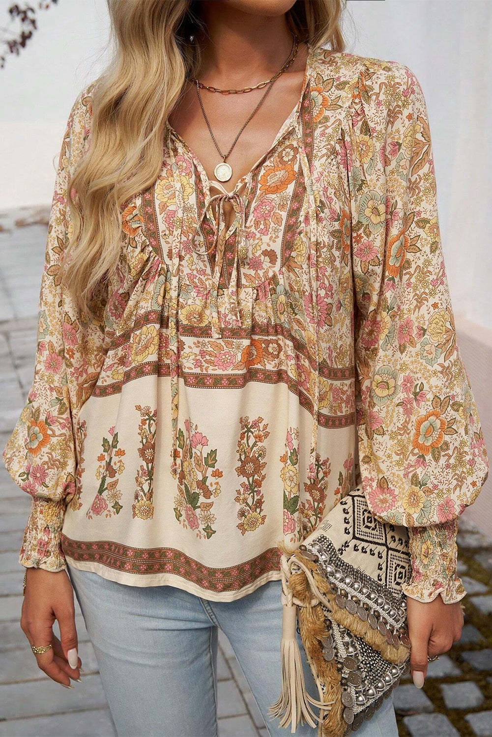 Yellow Floral Print Tie Neck Lantern Sleeve Blouse - The Fair Lady Shop