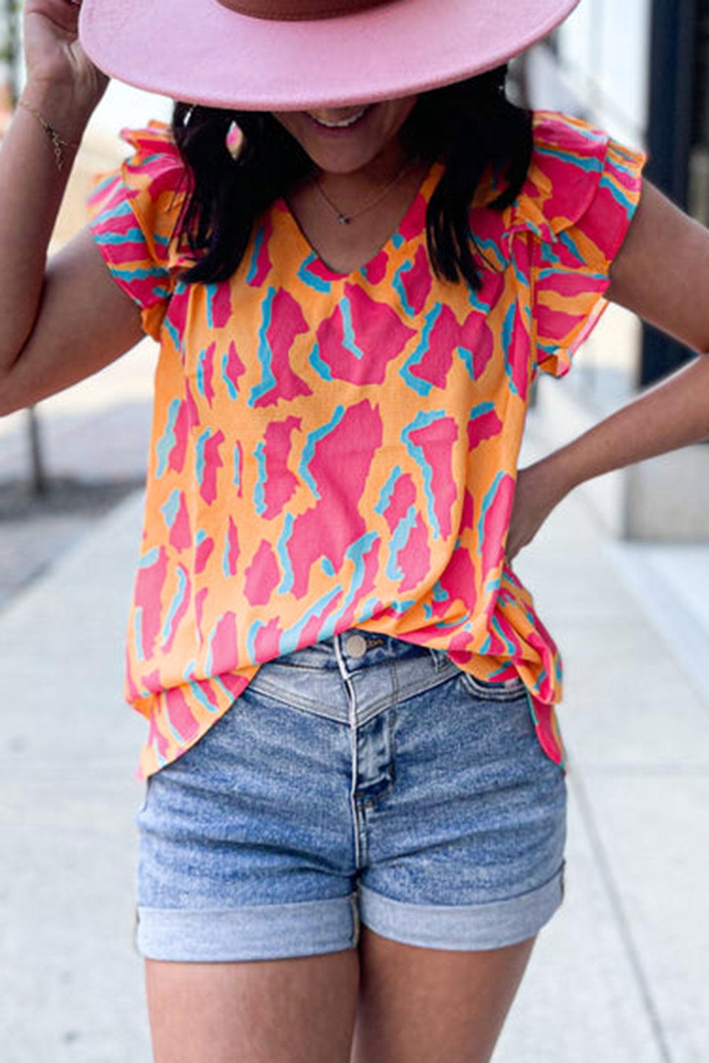 Orange Abstract Print V Neck Ruffled Sleeve Blouse - The Fair Lady Shop