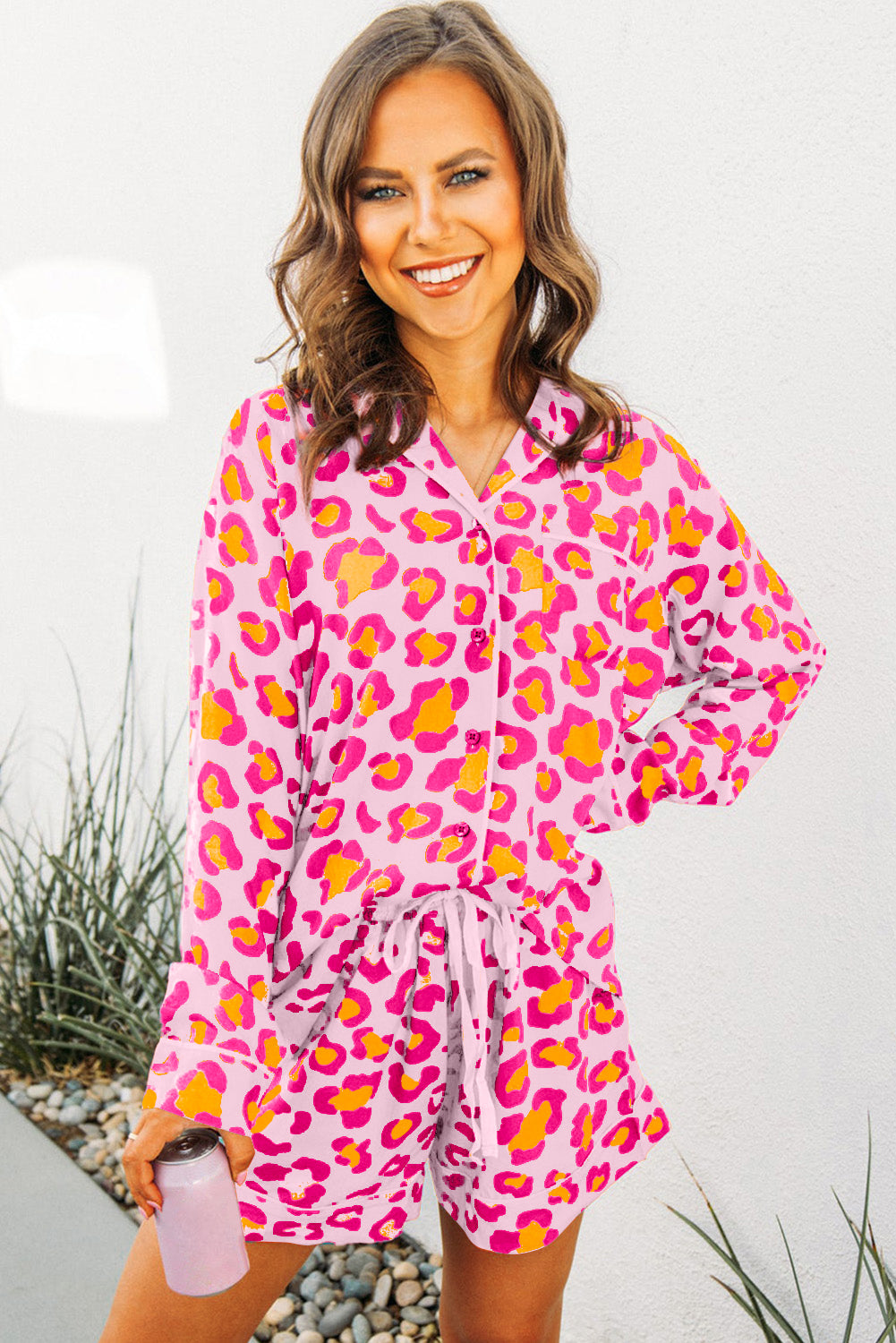 Pink Leopard Print Long Sleeve Shirt and Shorts Pajama Set - The Fair Lady Shop