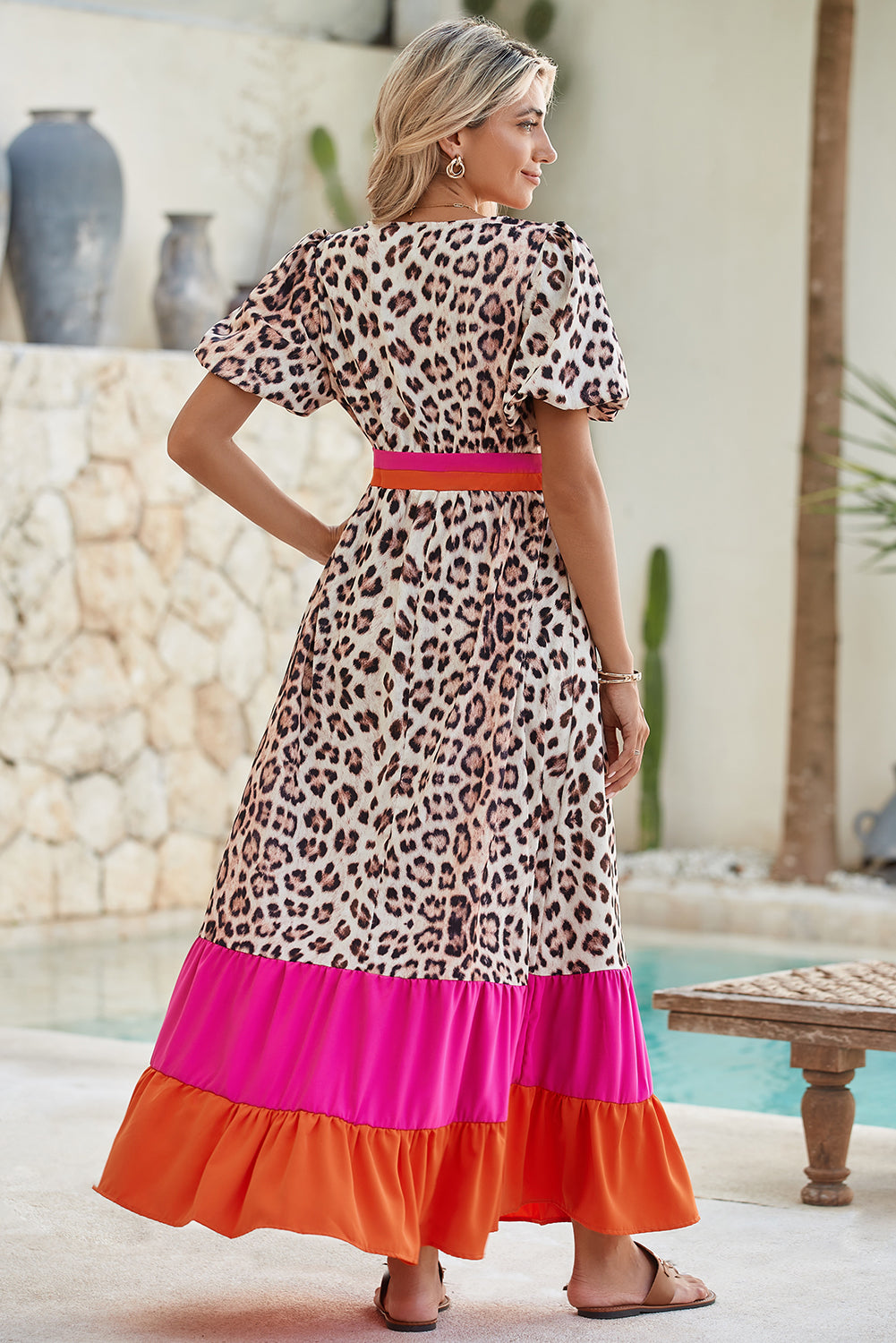 Bright Pink Leopard Print Colorblock Pop of Color Neckline Dress - The Fair Lady Shop