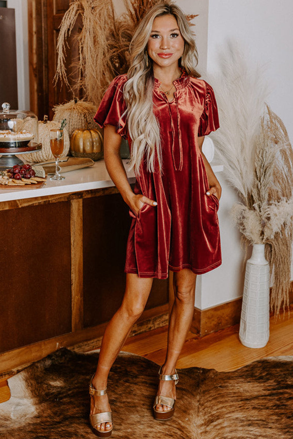 Cinnamon Velvet Smocked Neckline Puff Sleeve Shift Mini Dress - The Fair Lady Shop