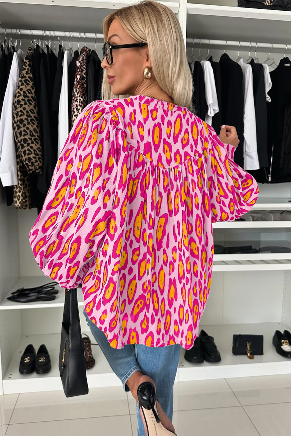 Rose Red Leopard Print Balloon Sleeve Loose Blouse - The Fair Lady Shop