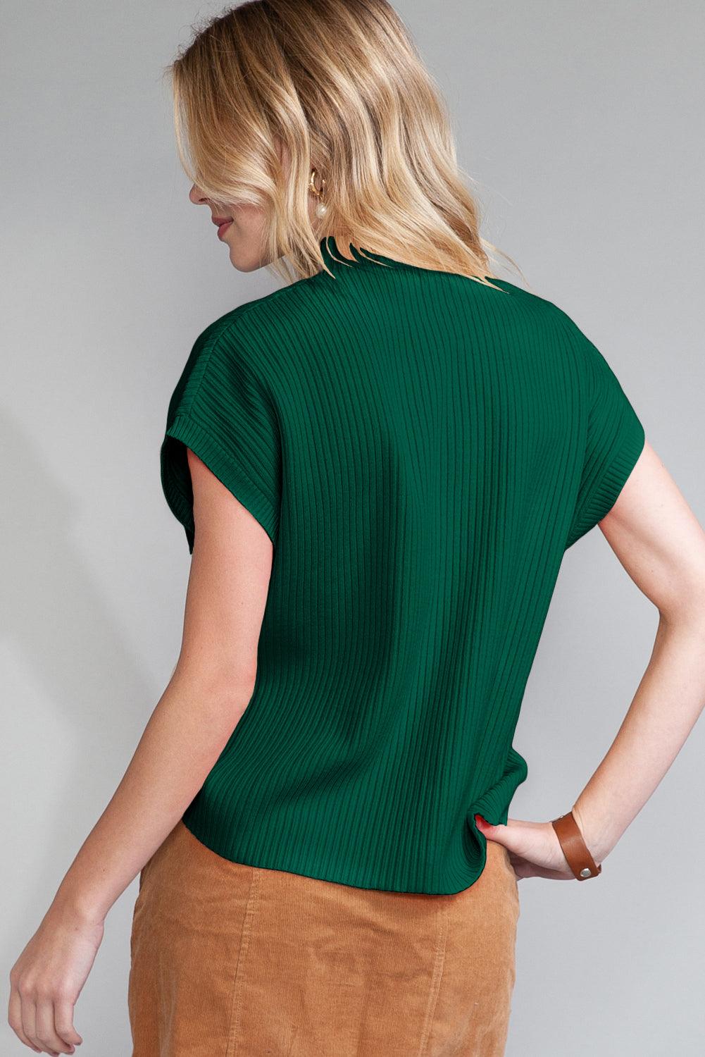 Green Patch Pocket Ribbed Knit Short Sleeve Sweater - The Fair Lady Shop