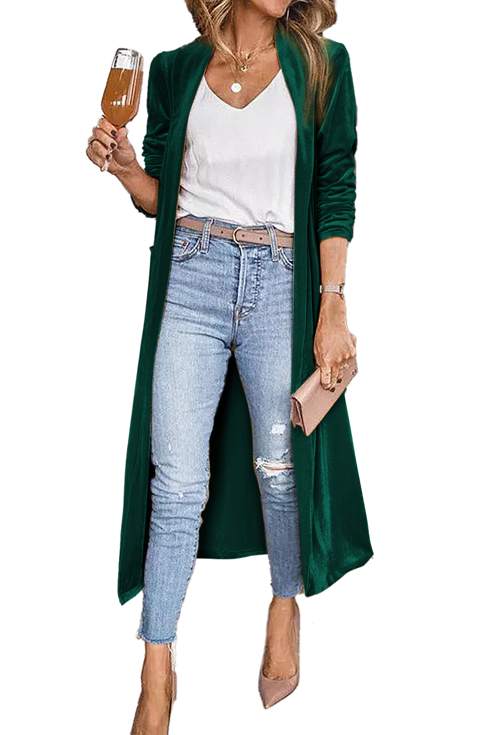 Green Velvet Elegant Pocket Open Front Long Cardigan - The Fair Lady Shop
