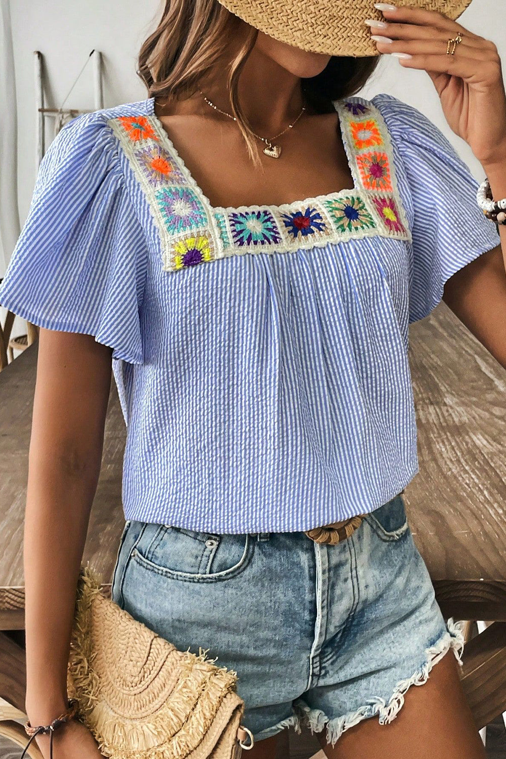 Sky Blue Striped Crochet Applique Boho Blouse - The Fair Lady Shop