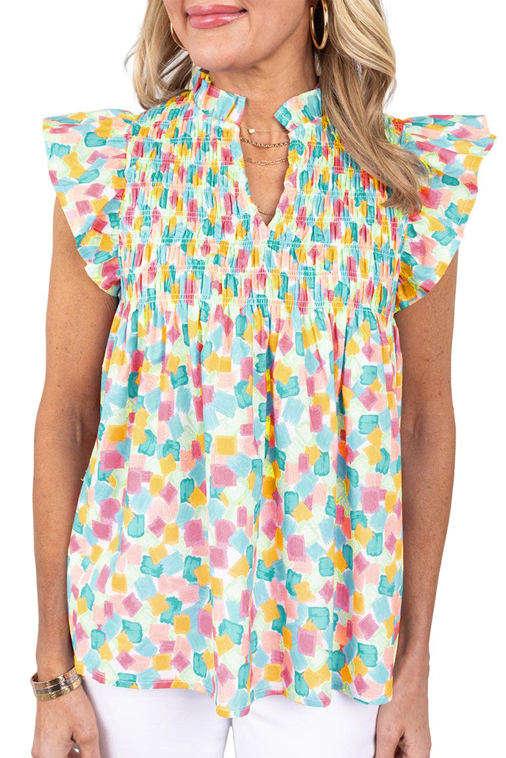 Pink Shirred Yoke Ruffle Abstract Blouse - The Fair Lady Shop